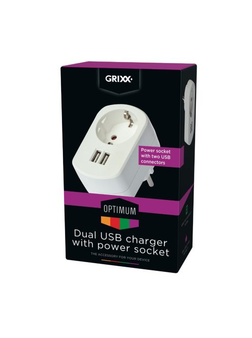 GRIXX OPTIMUM - Dual USB wall power charger adapter with pass through socket