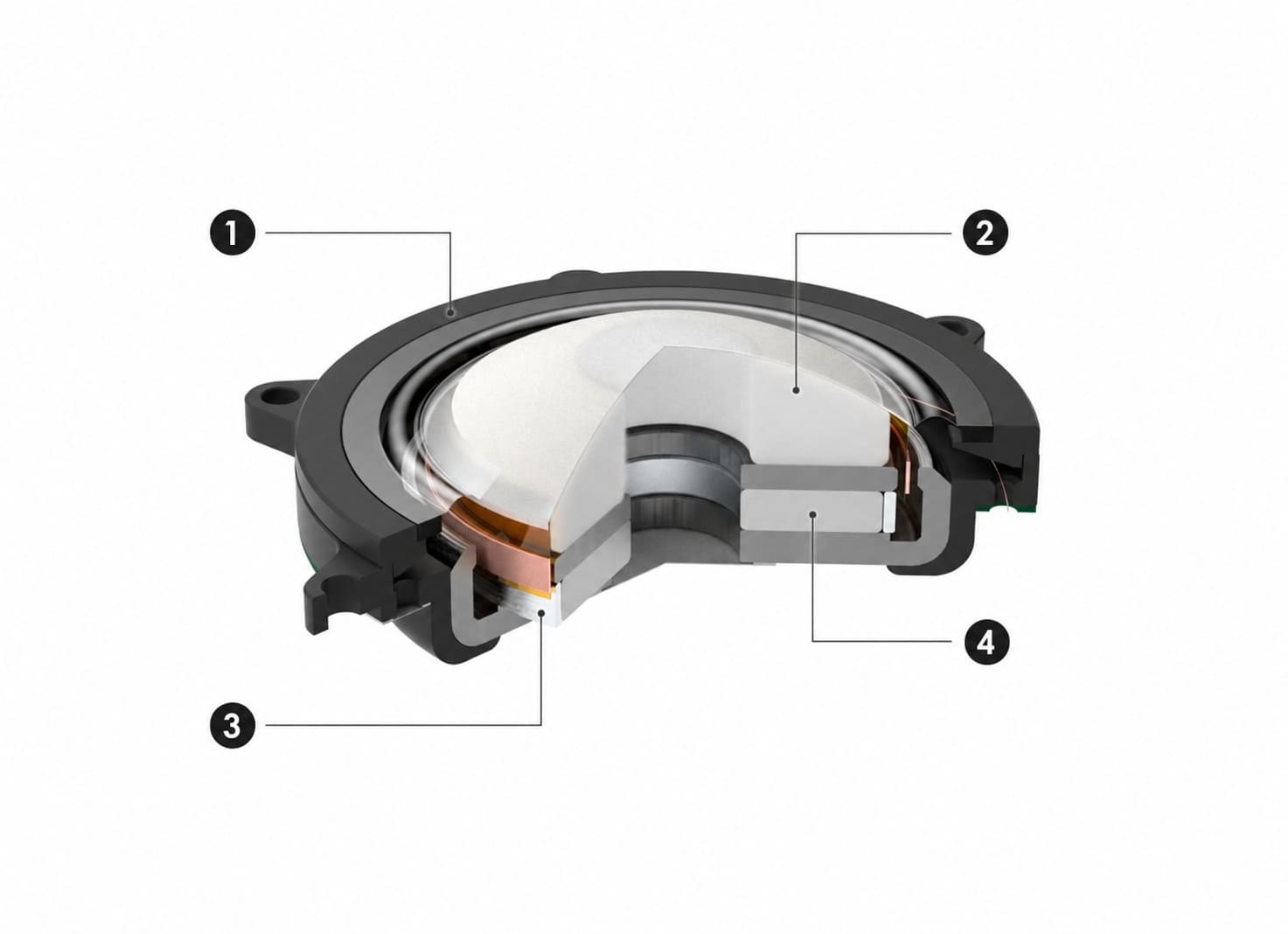 numbered diagram of the DX10000 CL True Diamond dome, magnetic circuit and internal damping