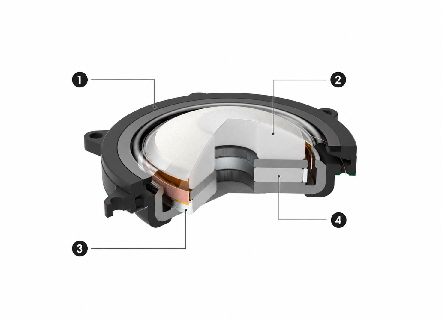 DX10000 CL True Diamond dome, internal damping, shorting ring and N55 magnet in a four-point diagram
